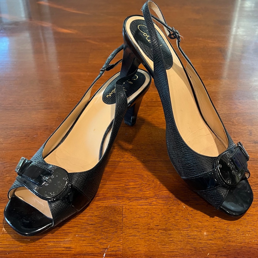 Cole‎ Haan Womens Black Peep Toe Slingback Heels Buckle Embellishment Size 9.5B